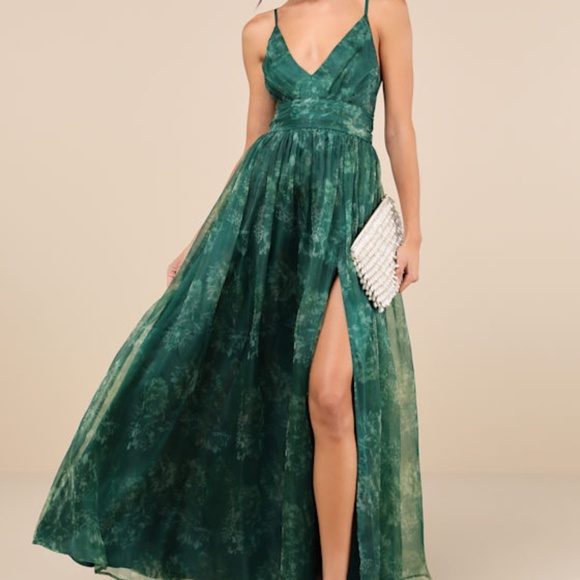 Lulus Romance That Wows Green Floral Print Organza Maxi Dress - Size XXL - Picture 1 of 4